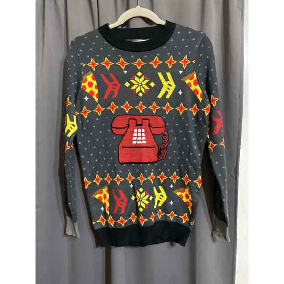 TIPSY  ELVES CHRISTMAS SWEATER SIZE SMALL. phone and Pizza Design - Picture 1 of 11